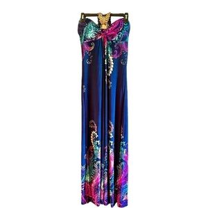 PAPILLON, NWOT, MAXI DRESS IN ROYAL BLUE WITH COLORFUL PAISLEY ACCENTS. SIZE M